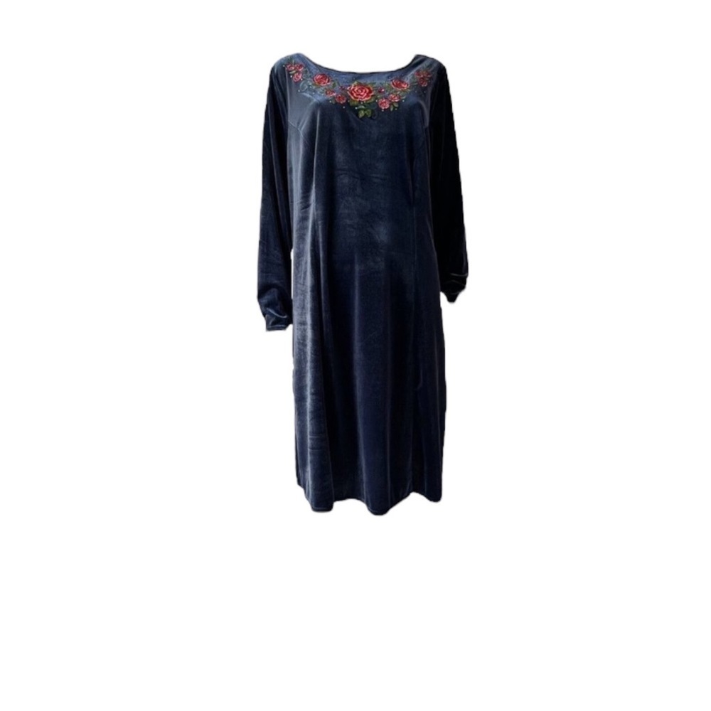 QUACKER FACTORY Floral Embroidered Knit Velvet Dress in Dark Navy Size 1X NWT - Picture 4 of 6